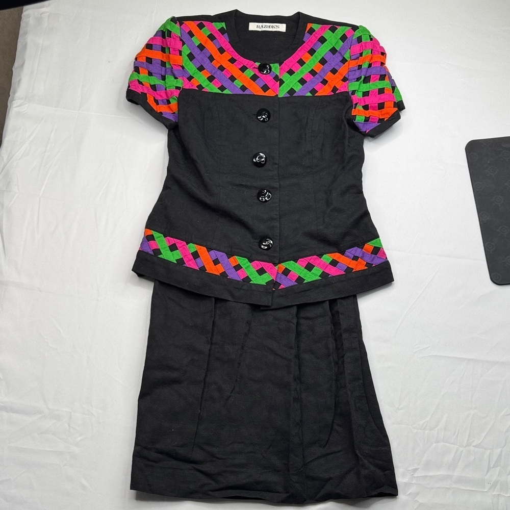 Vintage razooks two piece skirt suit 80s neon color with Multicolor Accents